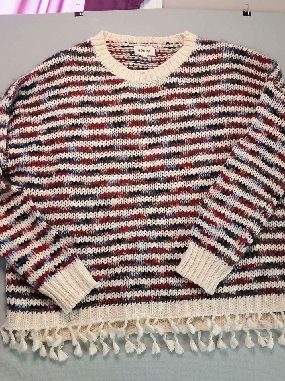 ADORA Cream Crewneck Sweater with Red and Blue Stripes